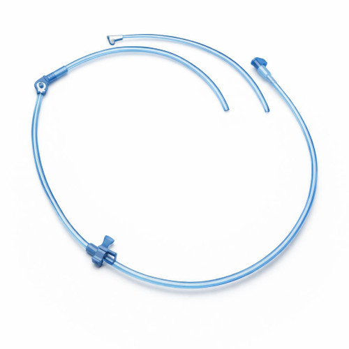 MIC-KEY Bolus Extension Set 24" (0124-24) — Right-Angle SECUR-LOK, Cath-Tip, Clamp, 5/Case — Three-quarter hero on white (primary product image)