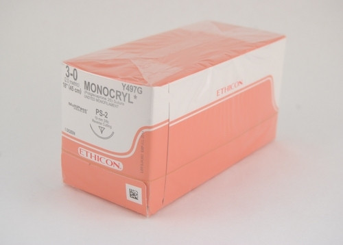 Johnson & Johnson Y497G BX/12 SUTURE MONOCRYL UNDYED 18 IN SZ 3-0 45CM PS-2 NEEDLE