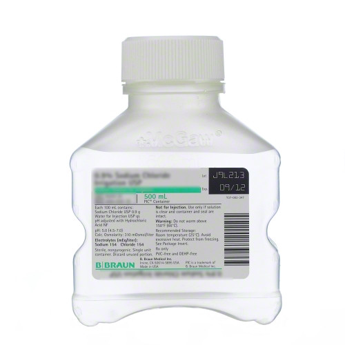 B.Braun R5201-00 SOLUTION SALINE 0.9% NACL 500ml STERILE IRRIGATION Bottle PLASTIC, Case of 16