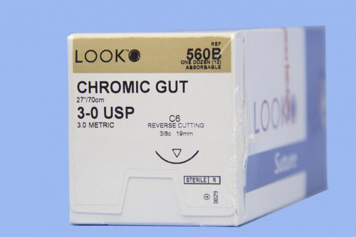 Look 560B Suture Chromic Gut Undyed C6 3-0 27" 12/Box