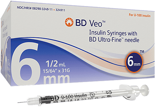 BD 324919 Veo™ insulin syringes with BD Ultra-Fine™ 6mm x 31G needle, 100/BX