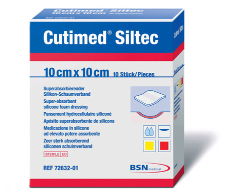 BSN 7328501 CUTIMED SILTEC FOAM DRESSING W/SUPER ABSORBERS AND SILICONE LAYER 10CM X 10CM BX/10