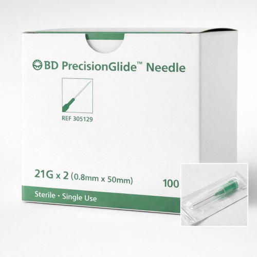 BD PrecisionGlide™ Needle REF 305129 — 21 G x 2" (50 mm) — 100/Box — Sterile — Close-up label and hub-colour detail