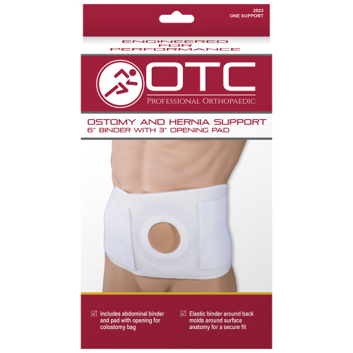 OTC 2523-S OSTOMY 6" Ostomy Abdominal Binder for Stoma Support WITH PAD, 3" HOLE, WHITE, Small