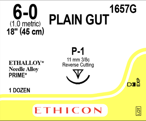 Ethicon-1657G SUTURE GUT PLAIN 6-0 18in P-1 BX/12