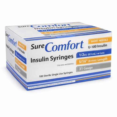 SURE COMFORT Insulin Syringes 31G x 5/16" (8mm), 0.5 mL (1/2 cc) — 100 per box (Item 22-6505) — Three-quarter hero (main product shot)