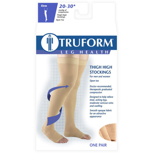 TRUFORM 0868BG-S Compression 20-30 mmHg Thigh-high, Open-toe, Stay-up Beaded top, Beige, Small, Pair