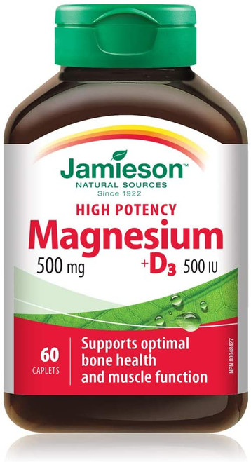 Jamieson High Potency Magnesium 500 mg + Vitamin D3 500 IU,60 Caplets