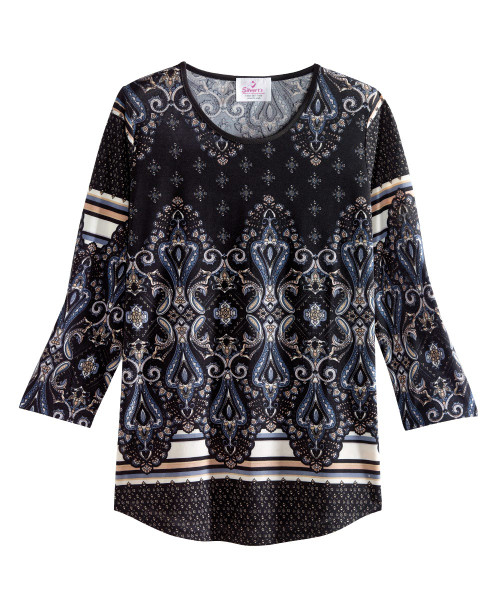 Silverts SV13050 Elegant Mature Fashion Curved Hem Top - Conventional Wear For Women Elegant Blue, Size=L, SV13050-SV1283-L