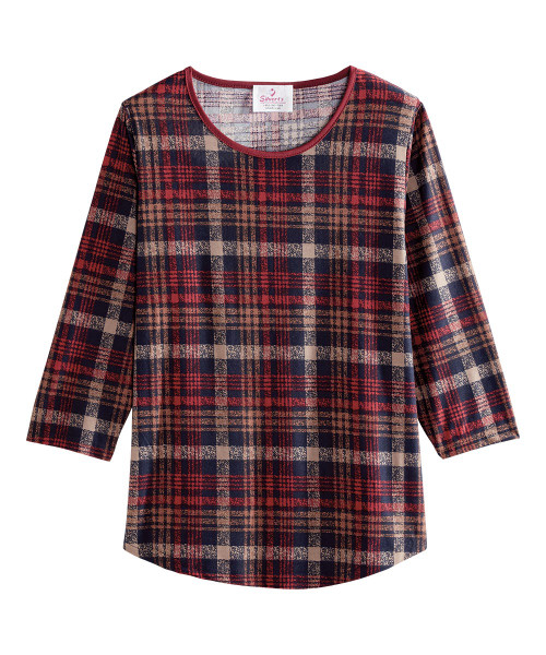 Silverts SV13050 Elegant Mature Fashion Curved Hem Top - Conventional Wear For Women Red Plaid, Size=2XL, SV13050-SV610-2XL