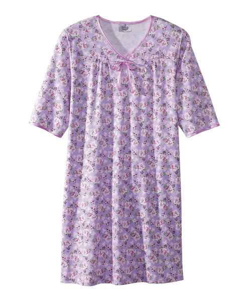 Silverts SV16180 Traditional Satin-Trimmed Nightgown For Women - 3/4 Length Short Nightgown Mauve Flower, Size=S, SV16180-SV557-S