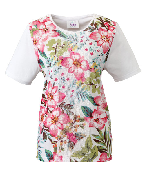 Silverts SV22050 Women's Lovely Lace Open Back Top White/Pink, Size=L, SV22050-SV1321-L