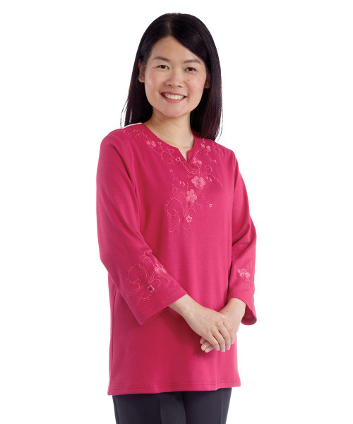 Silverts SV22530 Pretty Embroidered Adaptive Top For Women - Open Back Scalloped Neck Top For Women Dark Rose, Size=L, SV22530-SV1097-L