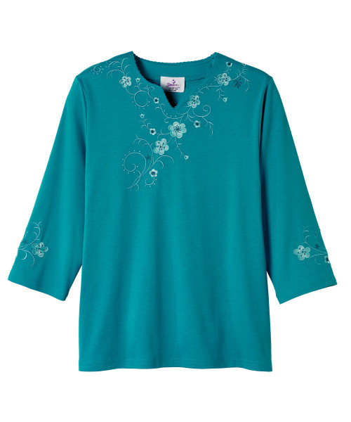 Silverts SV22530 Pretty Embroidered Adaptive Top For Women - Open Back Scalloped Neck Top For Women Peacock, Size=M, SV22530-SV664-M