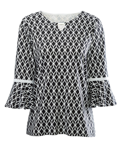 Silverts SV22570 Fancy Neck Open Back Top For Women - Flared 3/4 Sleeves Black Print, Size=2XL, SV22570-SV1061-2XL