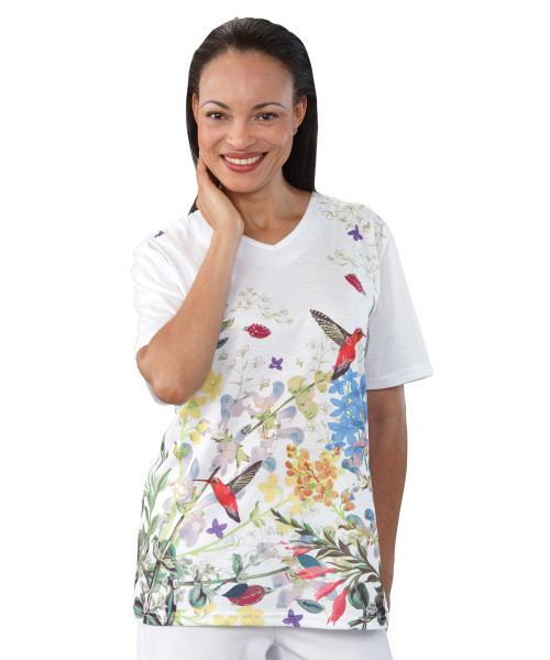 Silverts SV23280 Fashion Adaptive T Shirt Top For Women - Disabled Adult Clothing - Back Snap Tops White/Yellow, Size=M, SV23280-SV1242-M