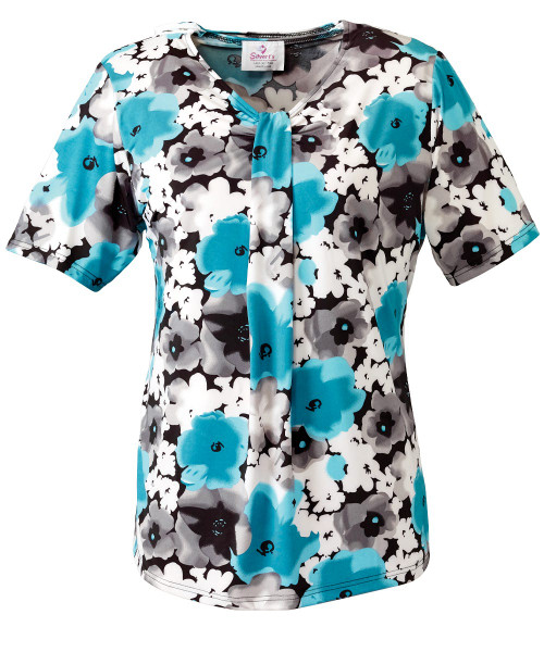 Silverts SV24770 Inverted Pleat Adaptive Open Back Top for Women  Teal Flower, Size=S, SV24770-SV608-S