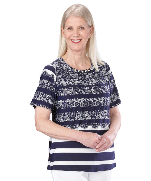 Silverts SV24780 Women's Adaptive Fashion Top Short Sleeve  Navy Lace, Size=3XL, SV24780-SV1330-3XL