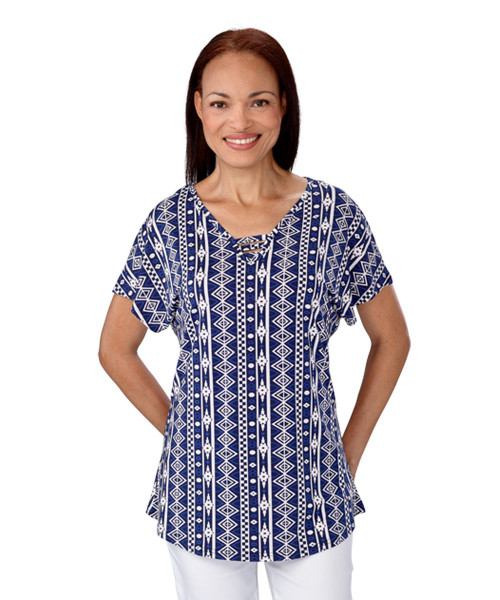 Silverts SV41040 Women's Cap Sleeve Easy Wear Top  Blue Print, Size=M, SV41040-SV49-M