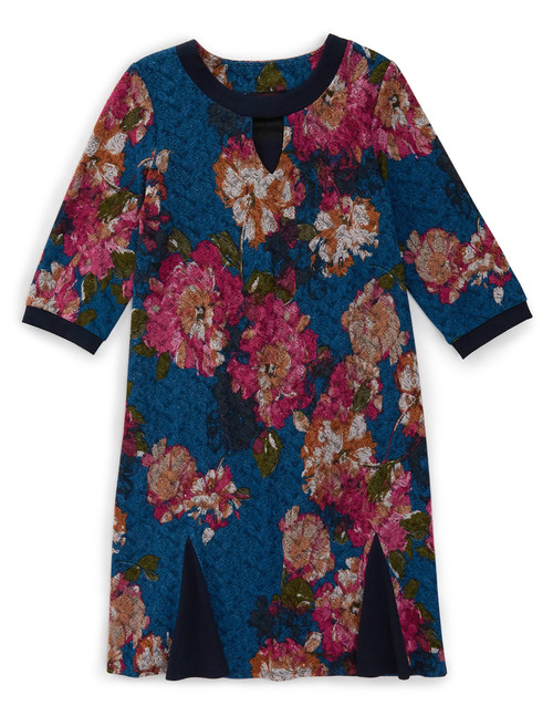 Silverts SV21170 Women's Open Back Flounce 3/4 Sleeve Dress Denim/Fuschia, Size=M, SV21170-SV1434-M