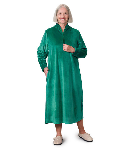 Silverts SV26390 Women's Open Back Plush Nightgown with Zip Front Dark Teal, Size=M, SV26390-SV1204-M