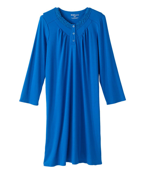 Women's No Peek Hospital & Home Care Gown with Lace Neckline - Blue Blue Sizes S-3XL