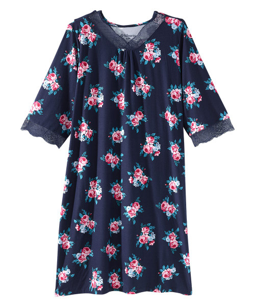 Women's Open Back V-Neck Lace Trim Nightgown - Dark Bloom Sizes: S-3XL