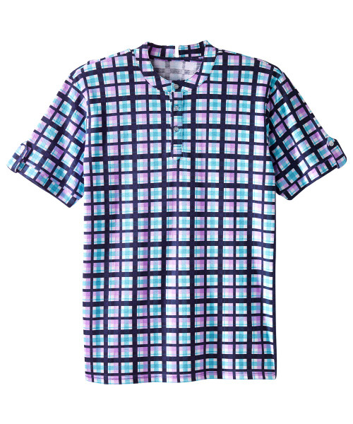 Men's Adaptive Open Back Henley Shirt Lilac/Blue Plaid, Size=S, SV170-SV2075-S