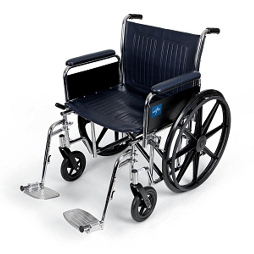 Wheelchairs feature threaded seat screw inserts to minimize stripping from upholstery changes
Armrests and calf pads (if included) are upholstered and padded
Carbon steel frame has rust- and chip-resistant chrome plating while navy vinyl upholstery is easy to clean
Chart pocket is on back to keep out of patient's way but is easily accessible to caregivers
Optional accessories: Anti-Fold Device (item MDS85196, MDS851965SH for 24" chairs ), Overhead Anti-Theft Device for 18-22" models (item MDS85197A, MDS85197SH for 24" chairs), IV Pole (item MDS85183), O2 Holder (item MDS85181U), O2/IV Combo (item MDS85190), Anti-Tip Device (item MDS85189), 22" Pushbar (item MDS85192) , Tinnerman Legrest Lock (item WCA806991) Wheelchairs feature threaded seat screw inserts to minimize stripping from upholstery changes
Armrests and calf pads (if included) are upholstered and padded
Carbon steel frame has rust- and chip-resistant chrome plating while navy vinyl upholstery is easy to clean
Chart pocket is on back to keep out of patient's way but is easily accessible to caregivers
Optional accessories: Anti-Fold Device (item MDS85196, MDS851965SH for 24" chairs ), Overhead Anti-Theft Device for 18-22" models (item MDS85197A, MDS85197SH for 24" chairs), IV Pole (item MDS85183), O2 Holder (item MDS85181U), O2/IV Combo (item MDS85190), Anti-Tip Device (item MDS85189), 22" Pushbar (item MDS85192) , Tinnerman Legrest Lock (item WCA806991)