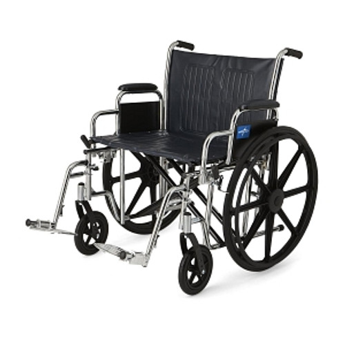 Wheelchairs feature threaded seat screw inserts to minimize stripping from upholstery changes
Armrests and calf pads (if included) are upholstered and padded
Carbon steel frame has rust- and chip-resistant chrome plating while navy vinyl upholstery is easy to clean
Chart pocket is on back to keep out of patient's way but is easily accessible to caregivers
Optional accessories: Anti-Fold Device (item MDS85196, MDS851965SH for 24" chairs ), Overhead Anti-Theft Device for 18-22" models (item MDS85197A, MDS85197SH for 24" chairs), IV Pole (item MDS85183), O2 Holder (item MDS85181U), O2/IV Combo (item MDS85190), Anti-Tip Device (item MDS85189), 22" Pushbar (item MDS85192) , Tinnerman Legrest Lock (item WCA806991) Wheelchairs feature threaded seat screw inserts to minimize stripping from upholstery changes
Armrests and calf pads (if included) are upholstered and padded
Carbon steel frame has rust- and chip-resistant chrome plating while navy vinyl upholstery is easy to clean
Chart pocket is on back to keep out of patient's way but is easily accessible to caregivers
Optional accessories: Anti-Fold Device (item MDS85196, MDS851965SH for 24" chairs ), Overhead Anti-Theft Device for 18-22" models (item MDS85197A, MDS85197SH for 24" chairs), IV Pole (item MDS85183), O2 Holder (item MDS85181U), O2/IV Combo (item MDS85190), Anti-Tip Device (item MDS85189), 22" Pushbar (item MDS85192) , Tinnerman Legrest Lock (item WCA806991)