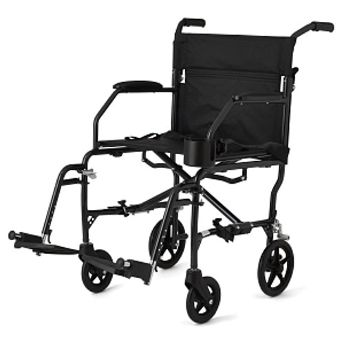 This durable transport chair weighs less than 15 lb. (6 kg), yet has a weight capacity of 300 lb. (136 kg)
Compact design folds up easily for travel and storage
Carry handles on the seat for simple portability, plus a seat belt and cup holder for safety and convenience
Permanent restaurant-style armrests allow for sitting closer to tables and desks
Made of high-grade aluminum and soft nylon; 8" rear wheels