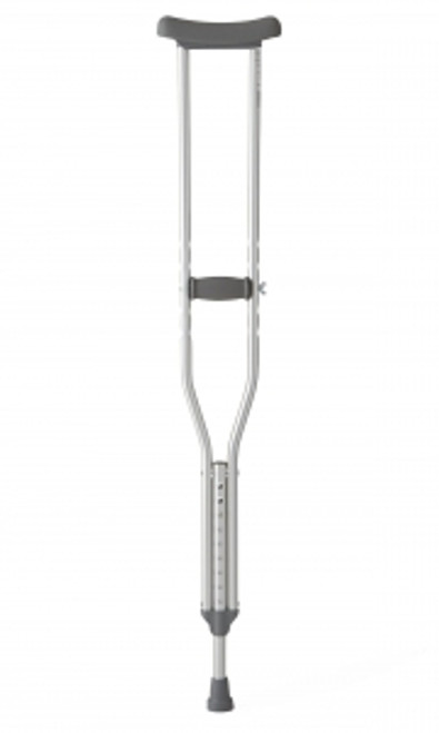 Standard aluminum pushbutton crutches feature a double extruded center tube that provides load-bearing strength where it's needed the most
The special foot piece utilizes durable rivets to secure the aluminum tubing from the inside, providing more stability than plastic connectors
Long, virtually unbreakable stair deflector helps protect against the crutch slipping on stairs and helps increase stress tolerance at all angles without cracking; nonskid rubber tips provide good traction
Built-in metal ring helps prevent excessive wear and ensures maximum durability; crutches come packaged completely accessorized with no assembly required
Youth size fits patients between 4'6" and 5'2" tall; Adult Medium fits patients between 5'2" and 5'10"; Adult Tall fits patients between 5'10" and 6'6" Standard aluminum pushbutton crutches feature a double extruded center tube that provides load-bearing strength where it's needed the most
The special foot piece utilizes durable rivets to secure the aluminum tubing from the inside, providing more stability than plastic connectors
Long, virtually unbreakable stair deflector helps protect against the crutch slipping on stairs and helps increase stress tolerance at all angles without cracking; nonskid rubber tips provide good traction
Built-in metal ring helps prevent excessive wear and ensures maximum durability; crutches come packaged completely accessorized with no assembly required
Youth size fits patients between 4'6" and 5'2" tall; Adult Medium fits patients between 5'2" and 5'10"; Adult Tall fits patients between 5'10" and 6'6"