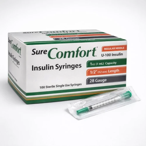 SureComfort Insulin Syringes — 1 mL (1cc), 28G × 1/2" (12 mm) — 100 per box (unit blister) — Three‑quarter hero (boxed product)