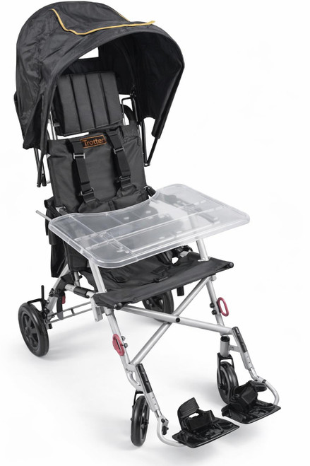 Wenzelite TR 8024 Upper Extremity Support Tray — Clear — for Trotter Mobility Chair — Three-quarter hero — Tray shown mounted on Trotter (lifestyle/fit view)