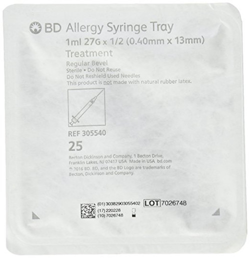 BD 305540 1mL Allergist tray with 27 G x 0.5" BD PrecisionGlide permanently attached needle, regular bevel and regular wall 25/sp