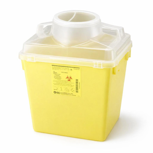 BD 300434 Multi‑Use Nestable Sharps Collector — 22.7 L, Yellow Base / Clear Top, Open Cap — Three‑quarter hero (primary thumbnail)