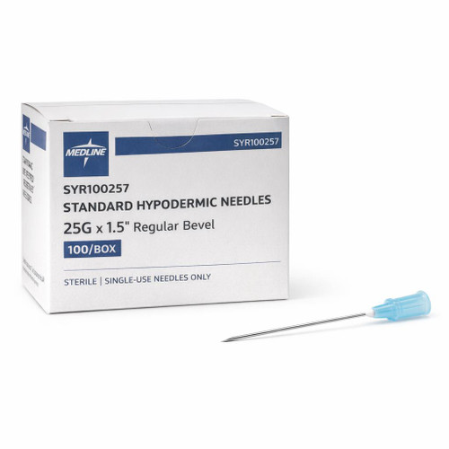 Medline SYR100257 — Standard Hypodermic Needles, 25G x 1.5" Regular Bevel, 100/Box — Three‑quarter hero (box + single needle)