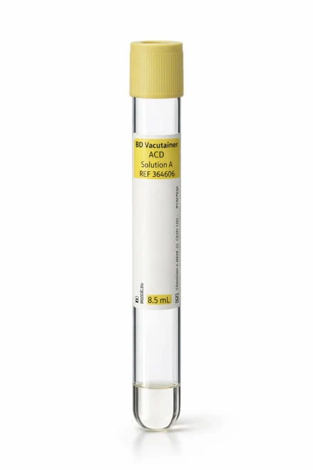 BX/100 TUBE VACUTAINER 16 x 100mm 8.5ml YELLOW — Three-quarter hero product shot (single tube)