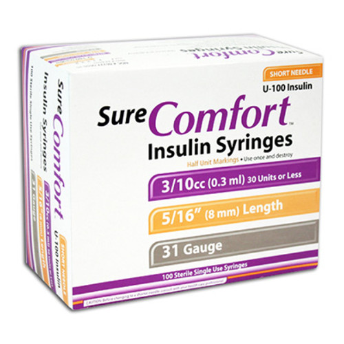 SURE COMFORT 22-6504 INSULIN SYRINGE, 31G, 5/16" (8mm), 3/10cc, 1/2 UNIT SURE COMFORT 22-6504 INSULIN SYRINGE, 31G, 5/16" (8mm), 3/10cc, 1/2 UNIT