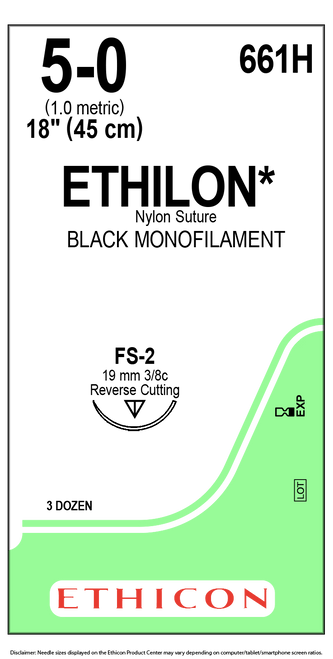 Johnson & Johnson Systagenix - JNJ 661H - CS/36 Ethilon Non Absorbable Suture, Nylon 6, Size 5-0, L18" FS-2 Reverse Cutting Needle, Black