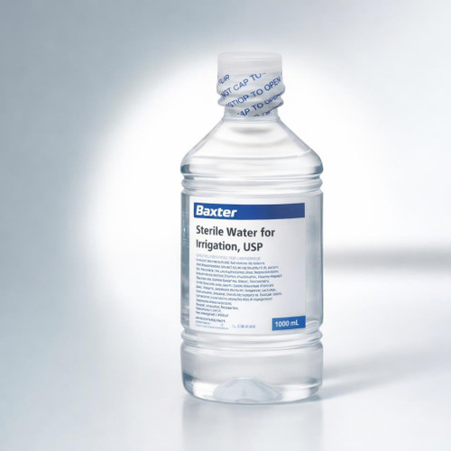 Baxter Sterile Water for Irrigation, USP — 1000 mL Plastic Pour Bottle — Case of 12 — Three-quarter hero (single bottle)