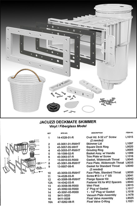 JACUZZI DMVW-15S USE L1102 VL WIDE MOUTH SKIMMER 1-1/2" SLIP