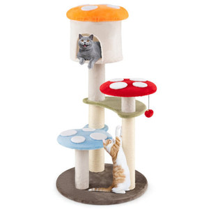 Cute Mushroom Cat Tree with Sisal Scratching Posts Top Condo and Padded Platforms-Multicolor B593-PV10268