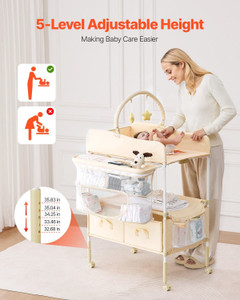 Baby Changing Table, Foldable Diaper Change Station with 2 Fabric Drawers, Side Basket & Hanging Ro E415-ZDNBTMSHXWDDEP23F001V0