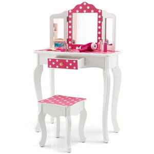 Kids Vanity Table and Stool Set with Cute Polka Dot Print-Pink B593-HY10068US