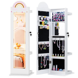 3 In 1 Kids Jewelry Cabinet Freestanding Jewelry Armoire with 3-Color Lighted Mirror-White B593-HY10467US