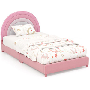 Twin Bed Frame with Height-Adjustable Headboard and Sturdy Wooden Slats-White & Pink - Color: White D681-HY10273PI