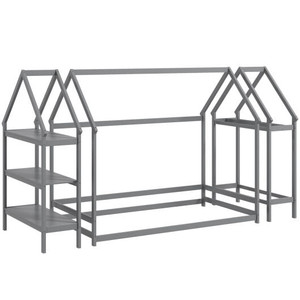 Twin Size Montessori Floor House Bed with Detachable Storage Shelves-Grey B593-HU11020