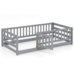 Twin Size Floor Bed with High Fence and Door Playhouse for Kids-Gray - Color: Gray - Size: Twin Size D681-HU11140GY