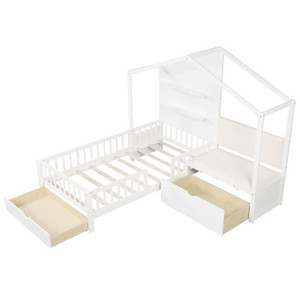Twin Size House Bed Kids Platform Bed with Padded Bench-White - Color: White D681-HU10961WHT+